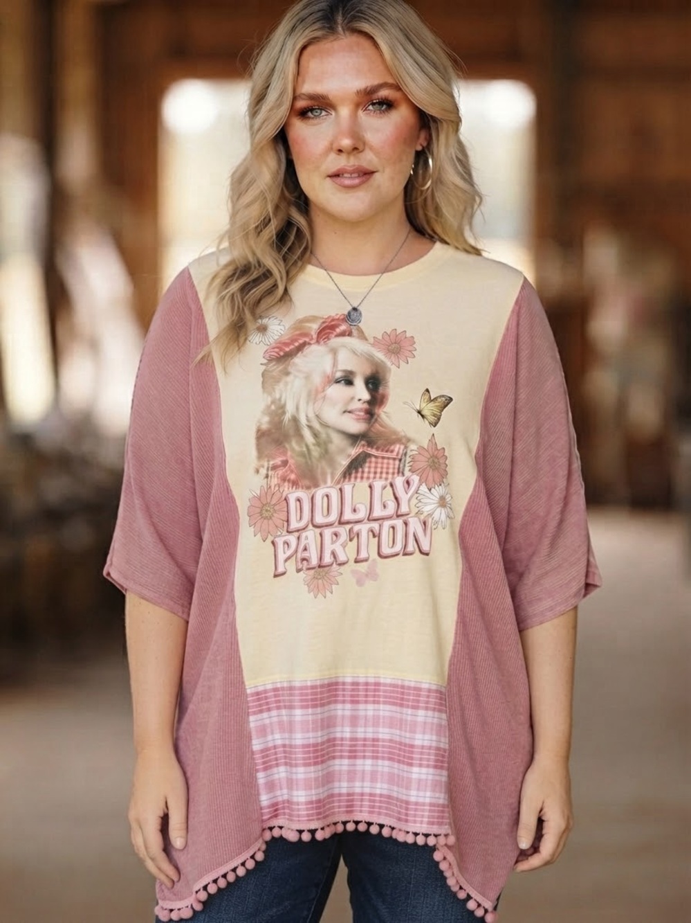 Upcycled Dolly Parton Graphic Pink & Yellow Tee